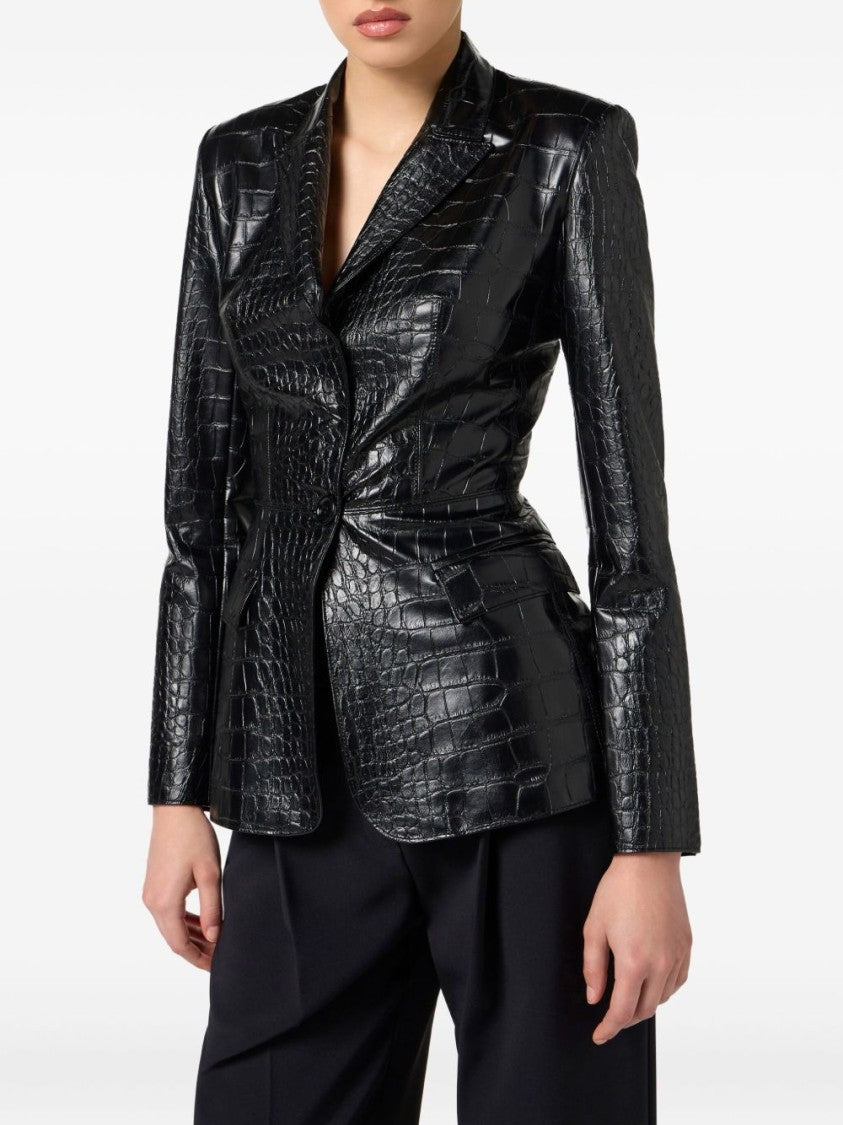 Elisabetta Franchi Crocodile-Embossed Blazer With Waist Belt