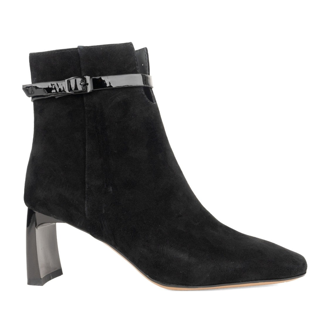 Linda Baumann Black Mid-Height Glossy Strap Suede Ankle Boots