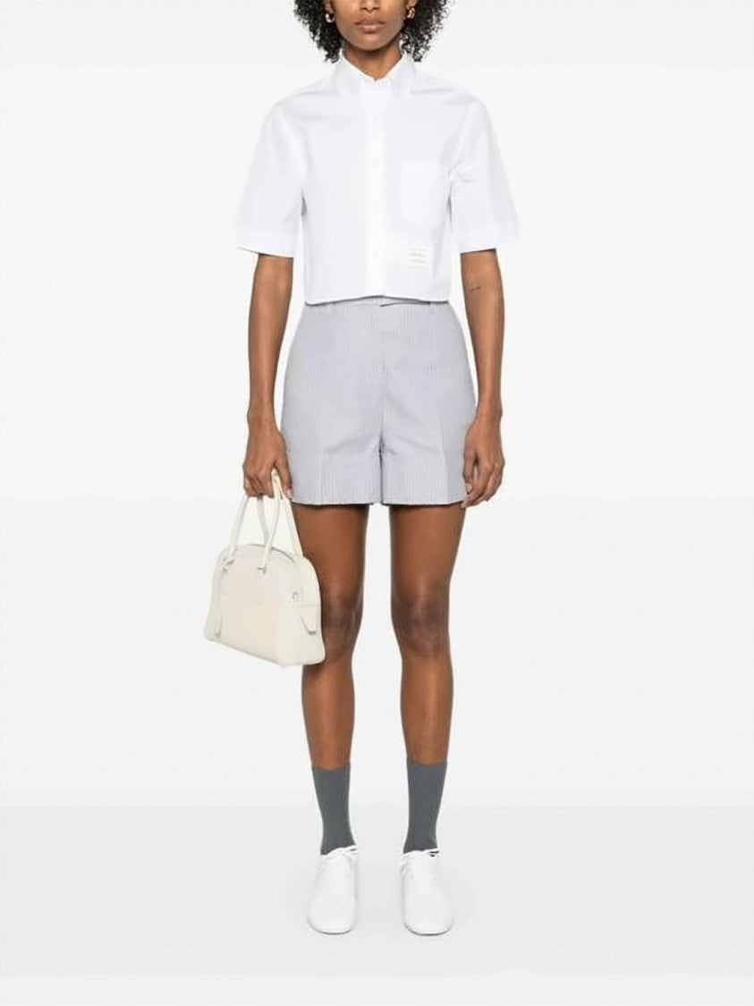 Thom Browne Cropped Short Sleeve Oxford Shirt With Classic Collar