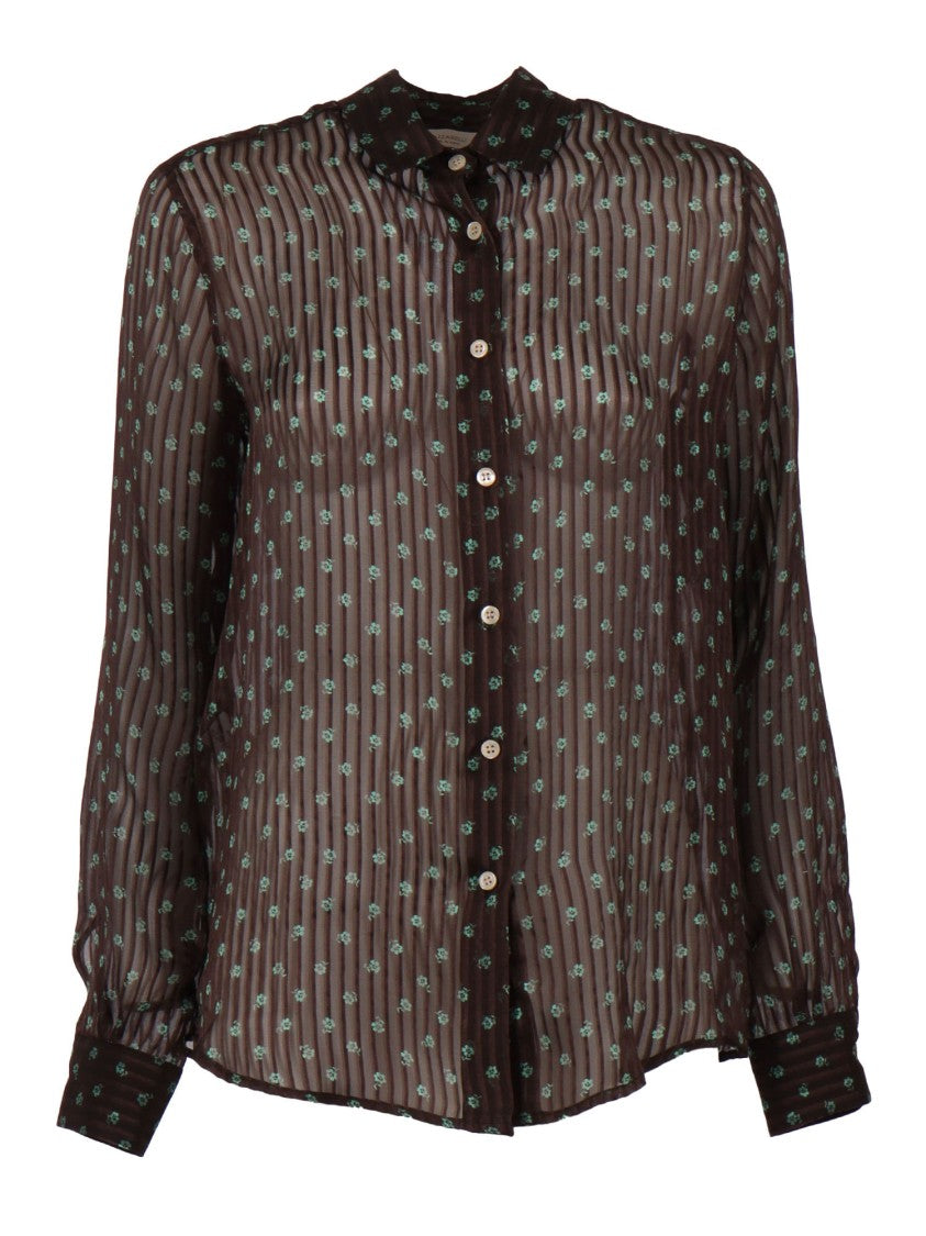 Mazzarelli Camicie Sheer Silk Blouse With Vertical Stripes And Floral Pattern