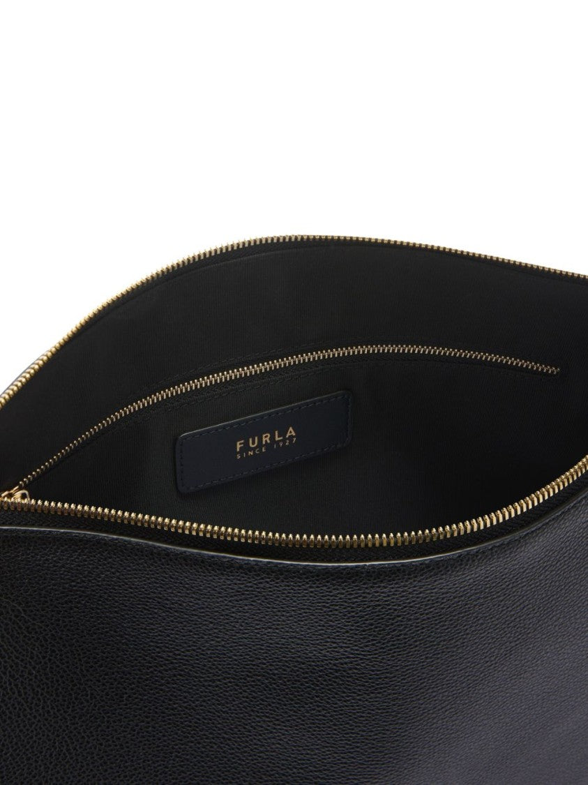 Furla Elongated Leather Handbag With Adjustable Strap And Gold Accents