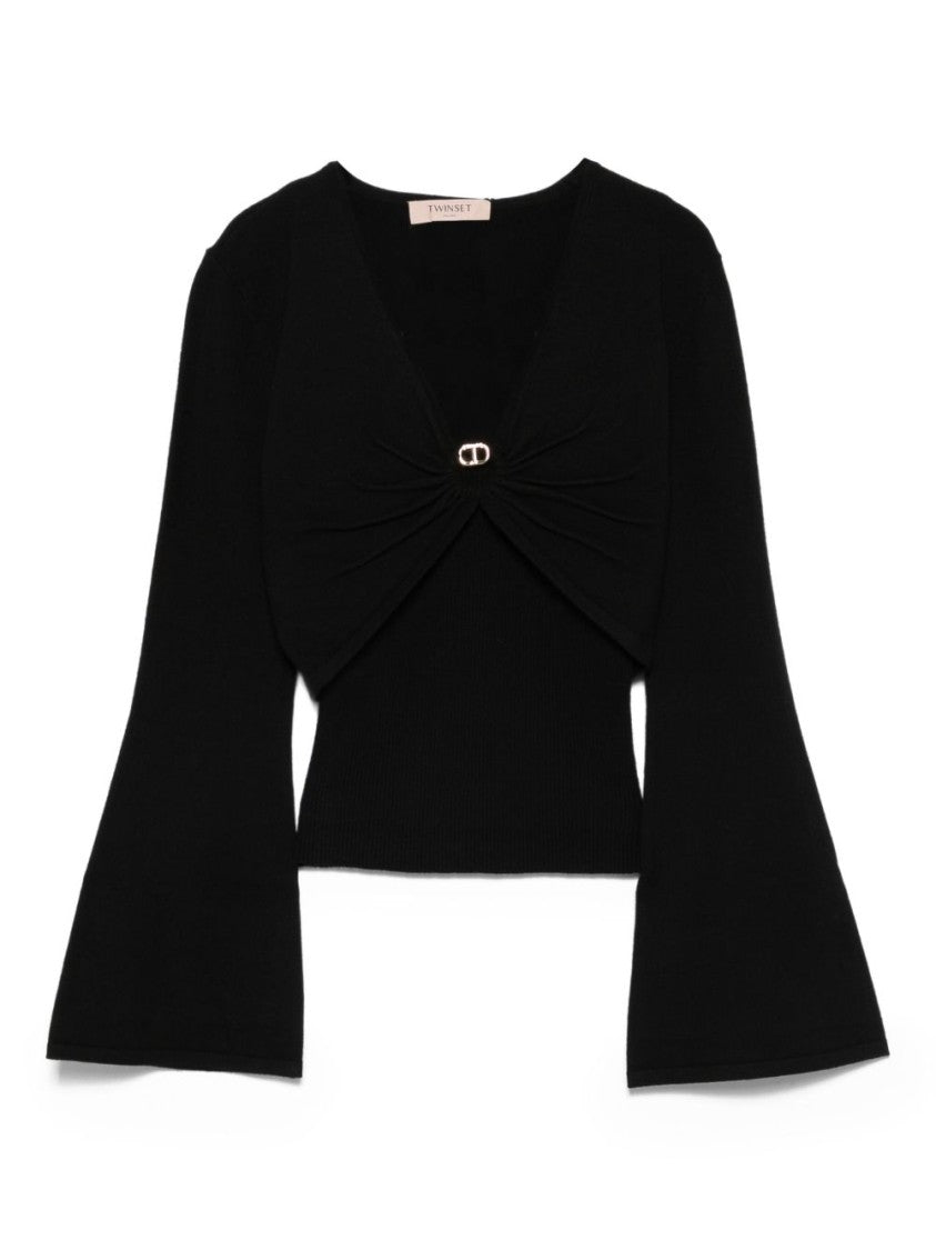 Twin-Set Deep V-Neck Shirt With Twist Detail And Gold Buckle