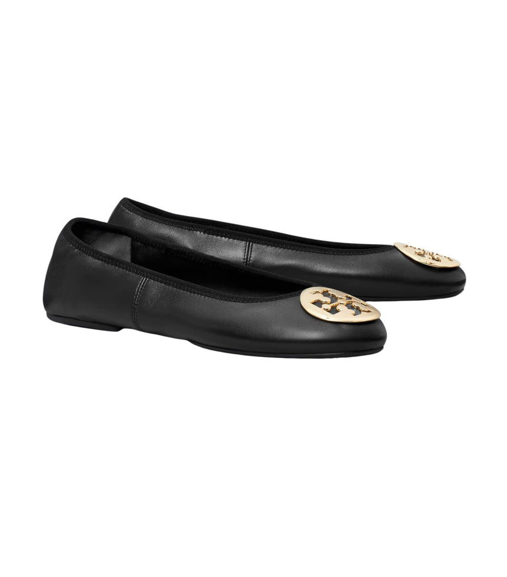Tory Burch Leather Travel Ballet Flats With Logo Emblem