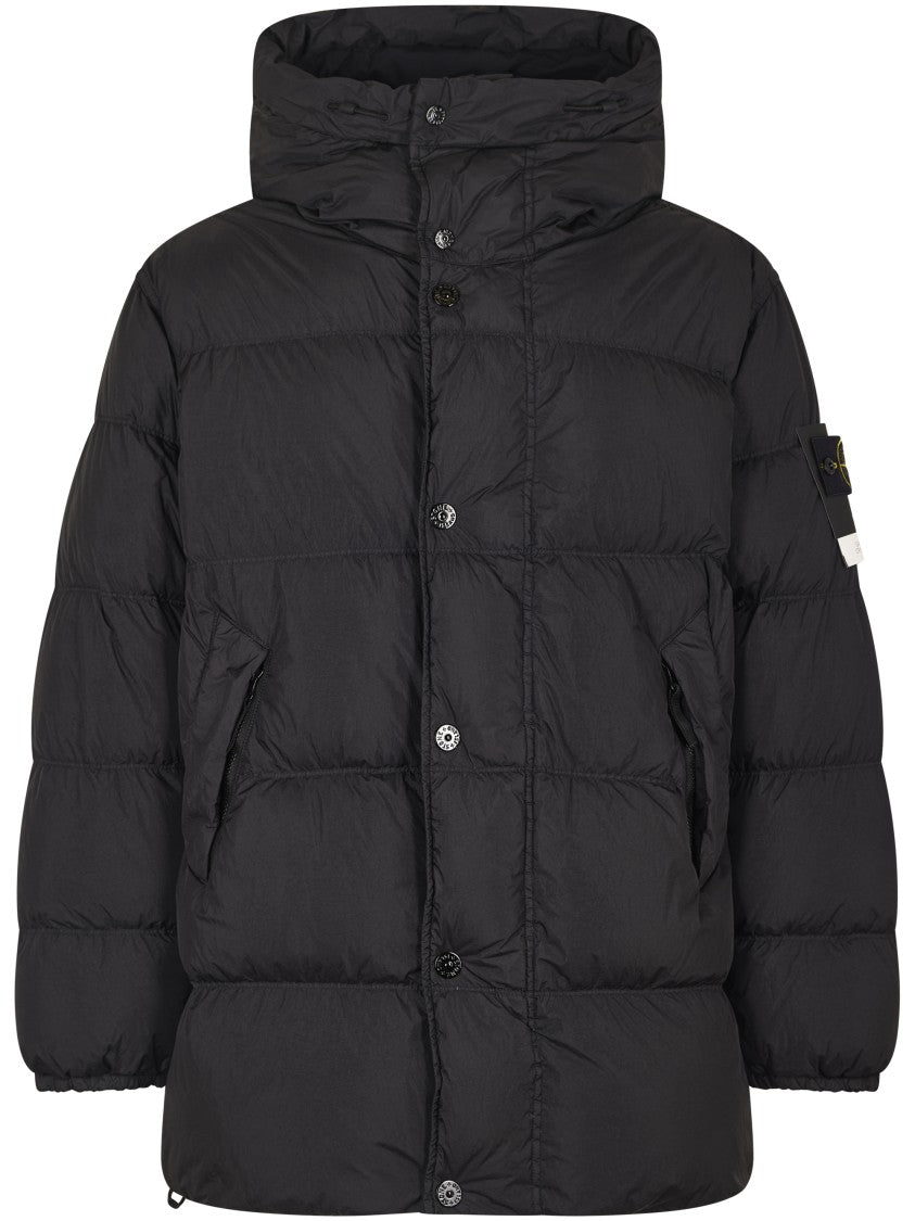 Stone Island Quilted Short Parka With Hood And Button Closures