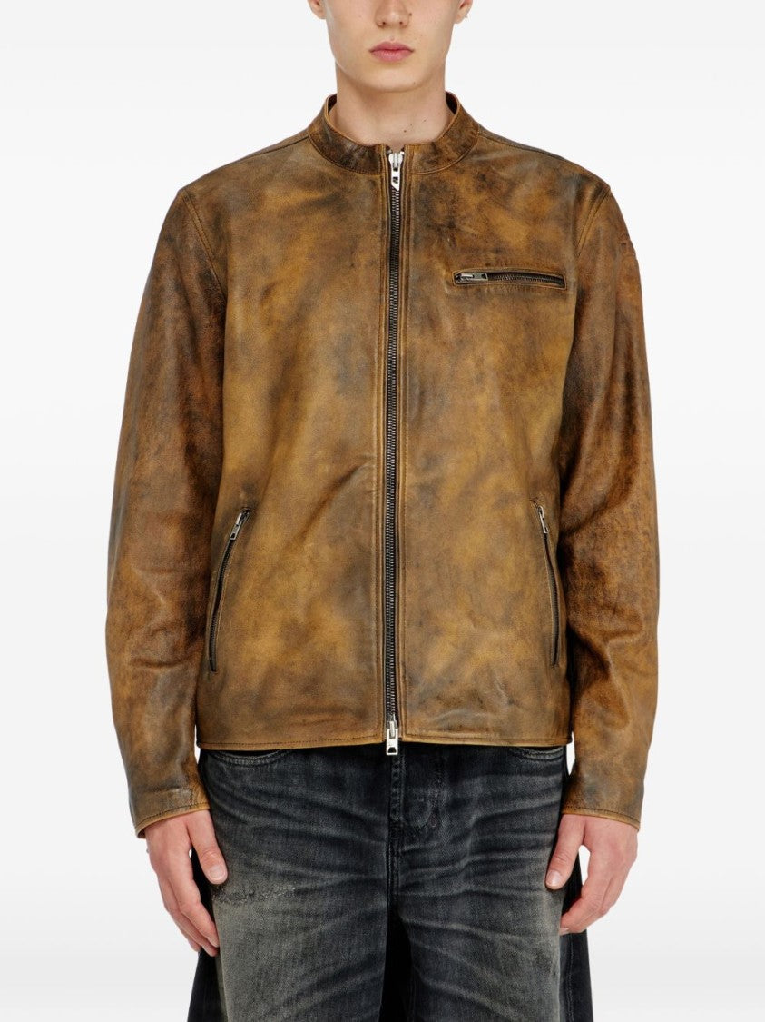 Diesel Distressed Brown Leather Jacket With Structured Fit