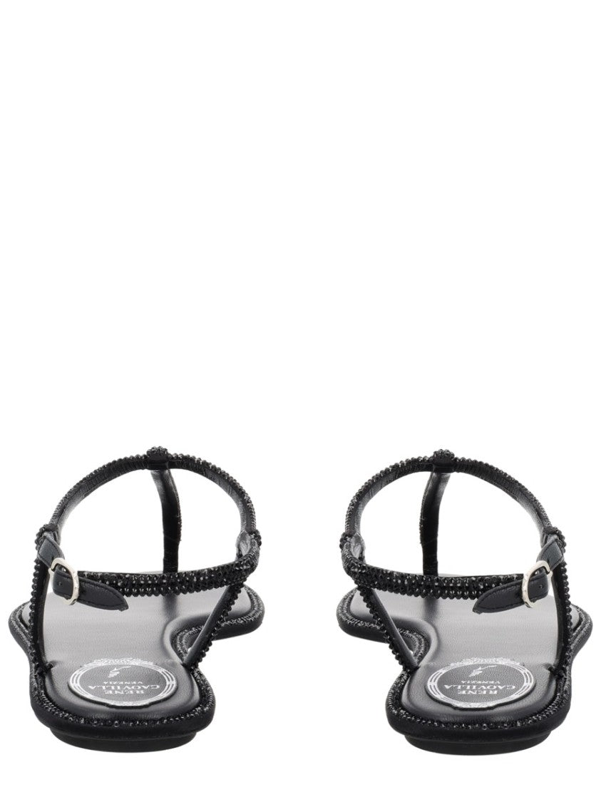 René Caovilla Minimalist T-Strap Embellished Sandals