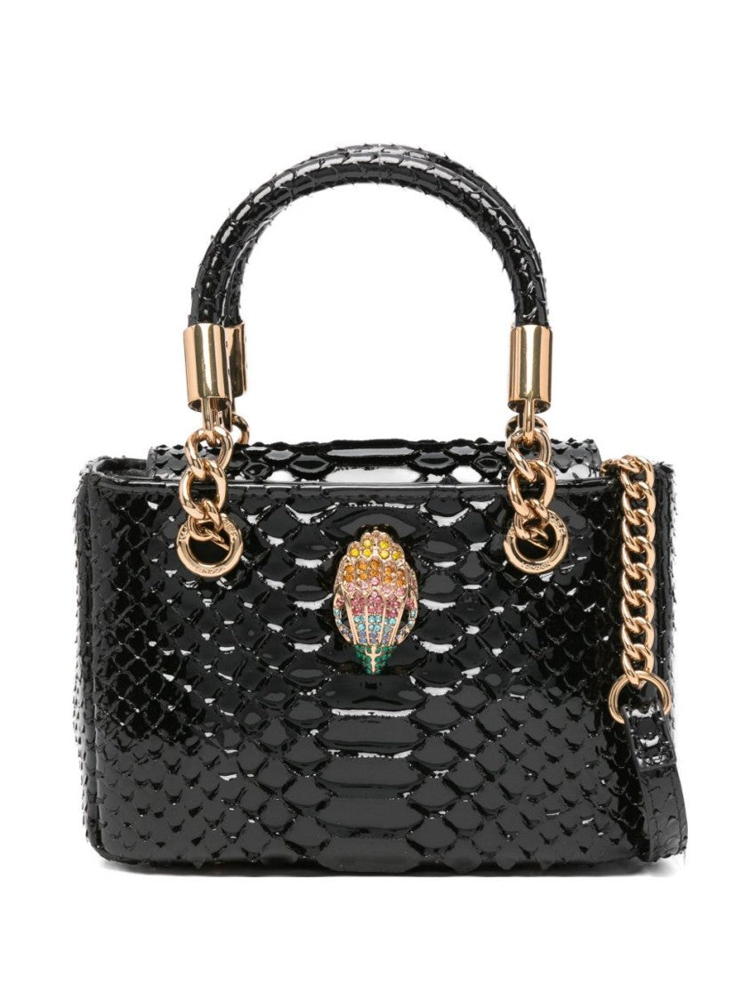 Kurt Geiger Structured Handbag In Glossy Black Snakeskin With Jewel-Encrusted Clasp