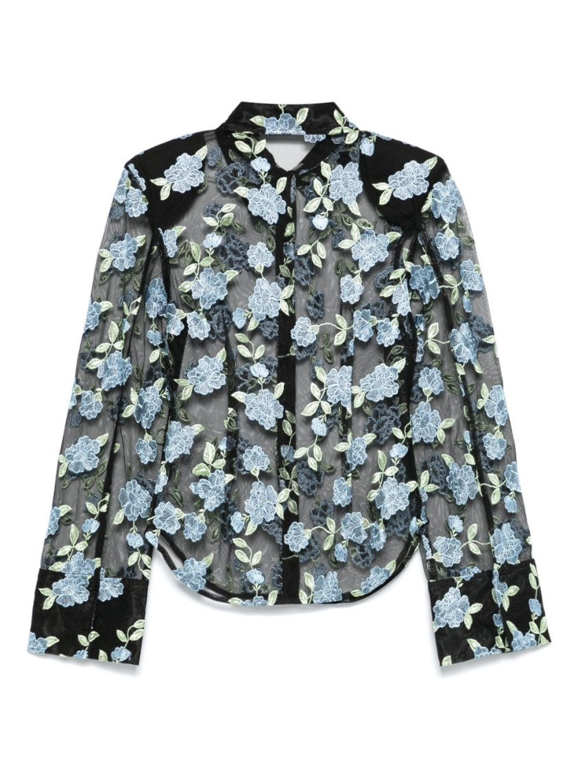 Rotate Sheer Black Shirt With Intricate Floral Embroidery
