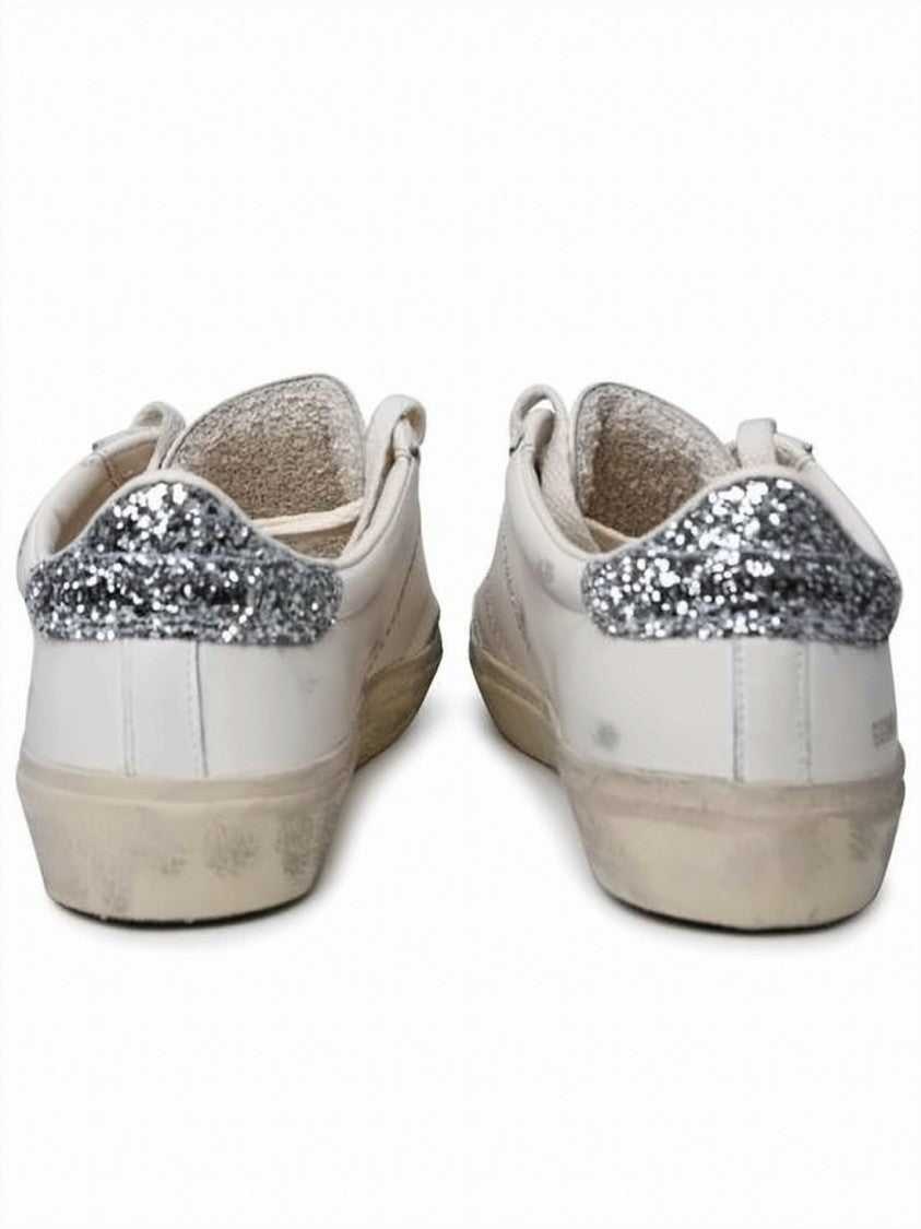 Golden Goose Distressed White Leather Low-Top Sneakers With Glitter Accents