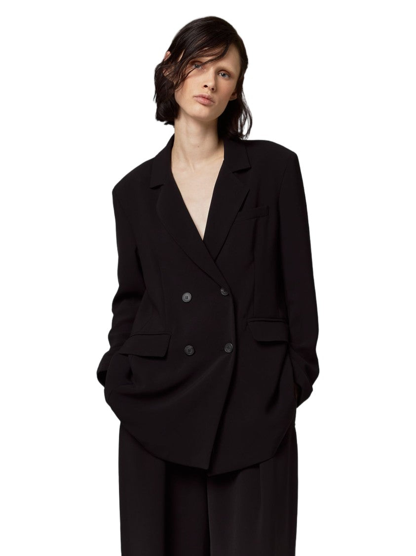 Alpha Studio Double-Breasted Open-Back Padded Shoulders Blazer