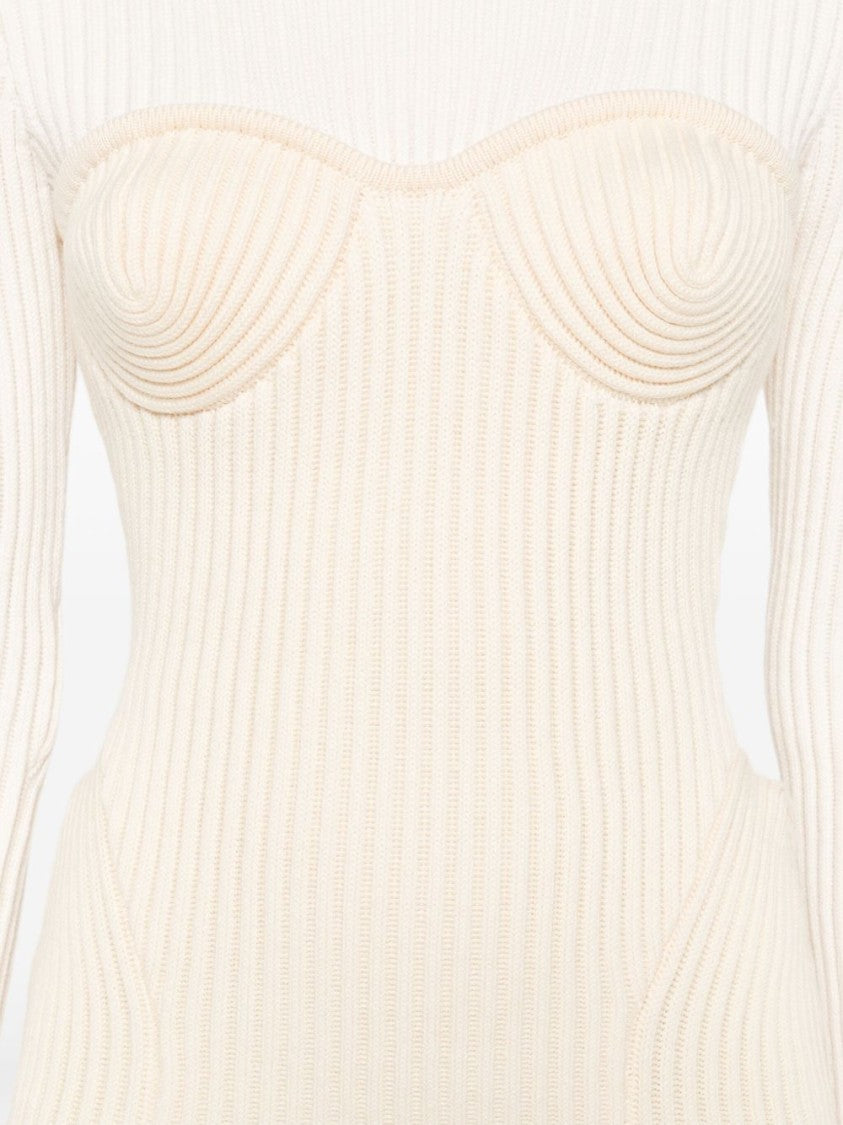 Jean Paul Gaultier Off-White Ribbed Knit Turtleneck Dress