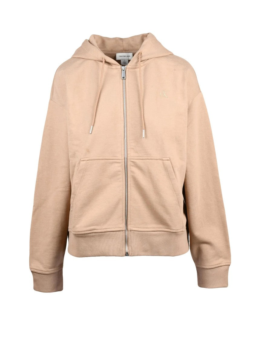 Calvin Klein Jeans Beige Hooded Front Pocket Cotton-Blend Zip Sweatshirt