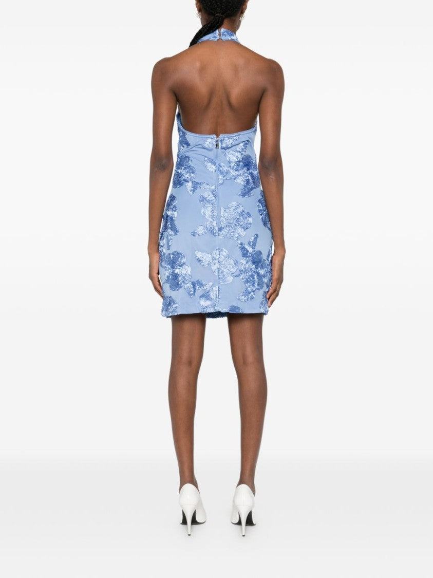 Rotate Light Blue Mini Dress With Floral Embroidery