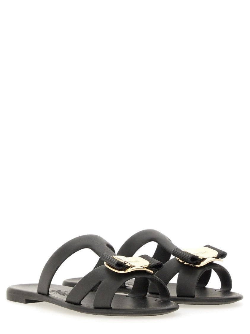 Ferragamo Black New Vara Metallic Accent Bow Sandals