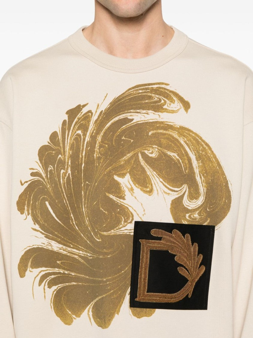 Dries Van Noten Light Beige Crew Neck Gold Graphic Polo