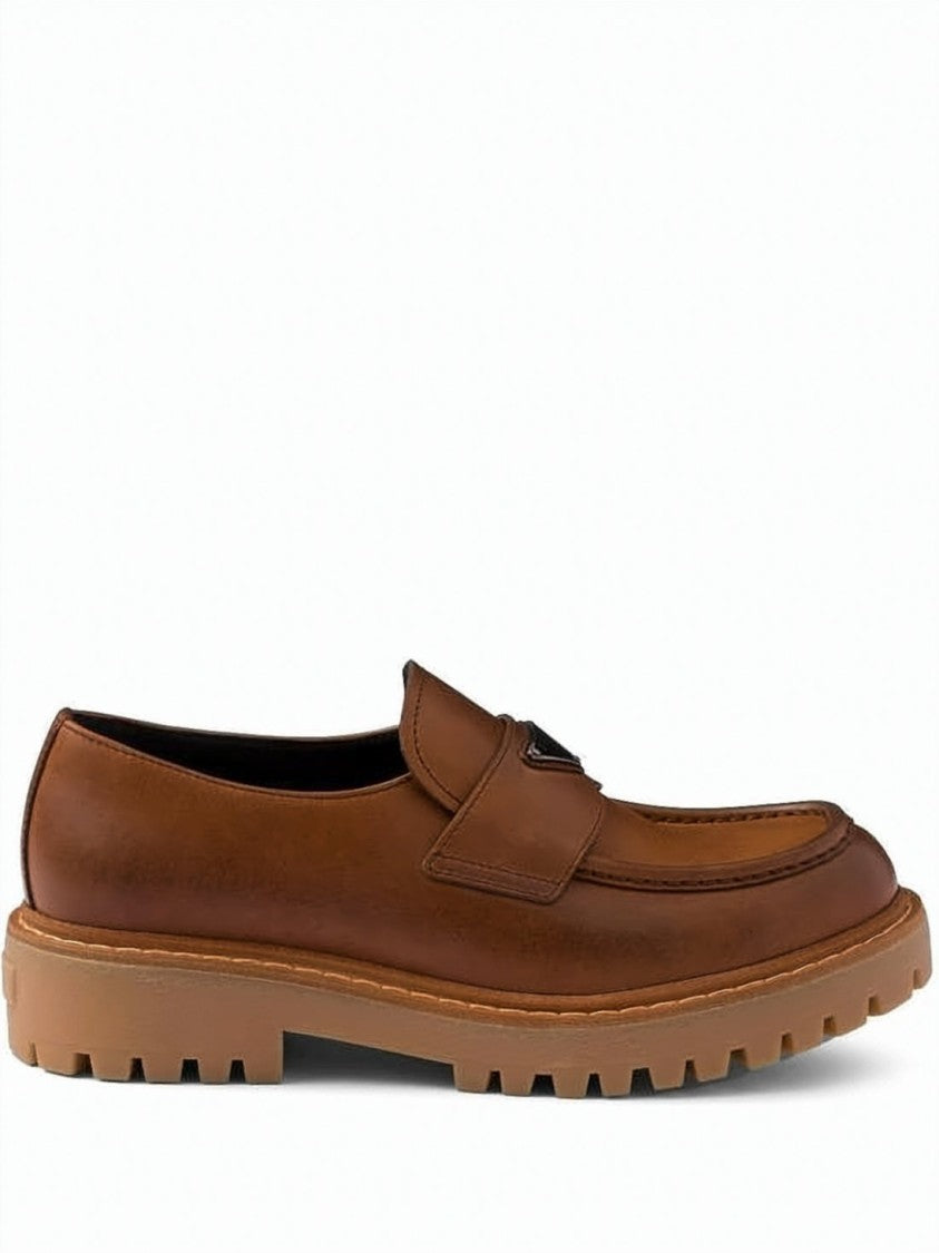 Prada Brown Calf Leather Loafers With Triangular Logo Plaque