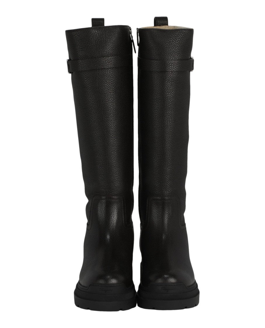 Ferragamo Pebbled Calfskin Knee-High Boots With Silver-Tone Detail