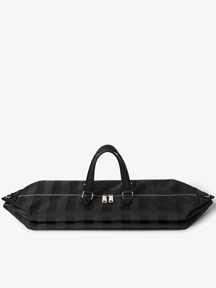Fendi Matte Finish Black Duffle Bag With Striped Pattern And Silver Hardware