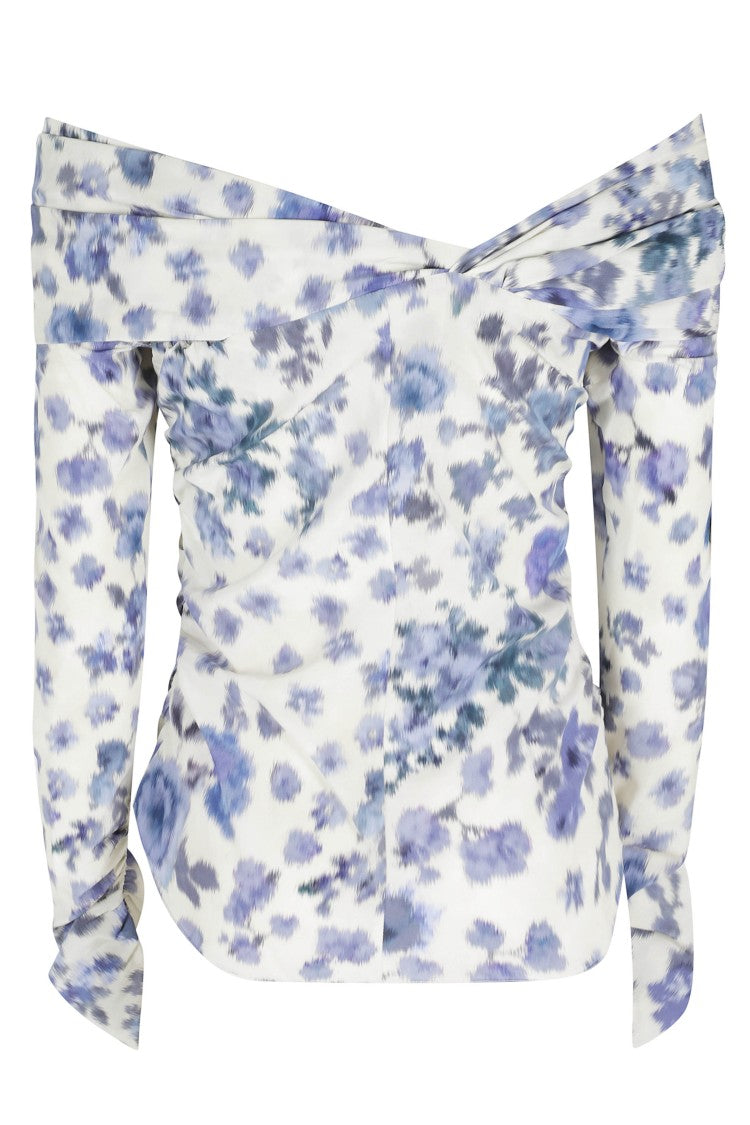 Isabel Marant Ivory Danka Gb Asymmetrical Draped Printed Silk Top