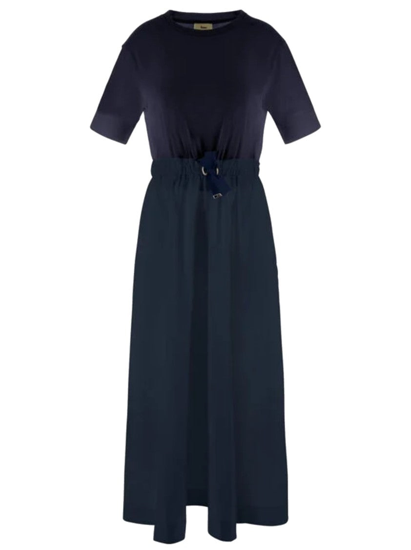 Herno Mid-Length Blue Dress With Ribbed Details And Taffeta Skirt