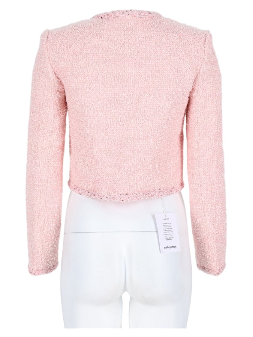 Self-Portrait Cropped Textured Boucle Jacket With Decorative Button Accents