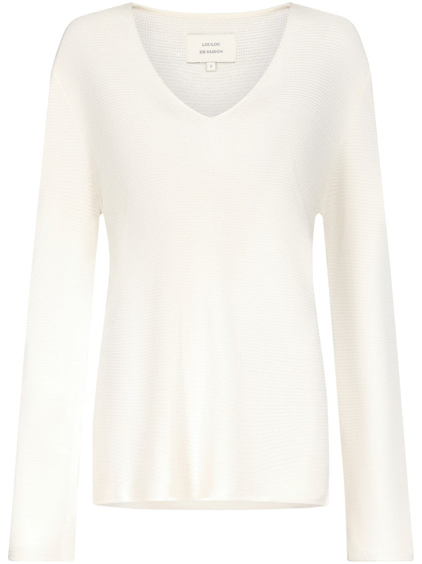 Loulou De Saison Minimalist V-Neck Sweater With Subtle Ribbed Texture