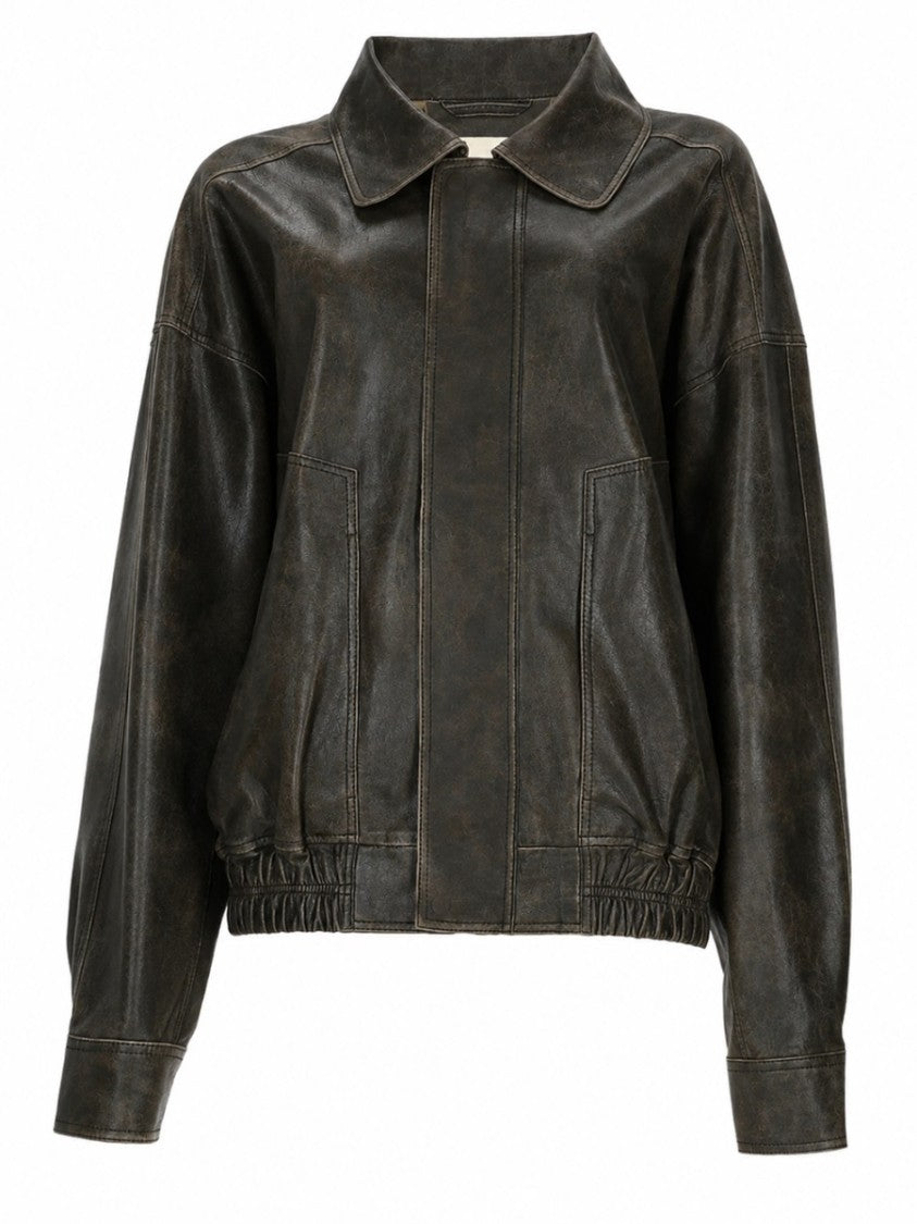 Alysi Brown Vintage Leather Bomber Jacket With Classic Collar