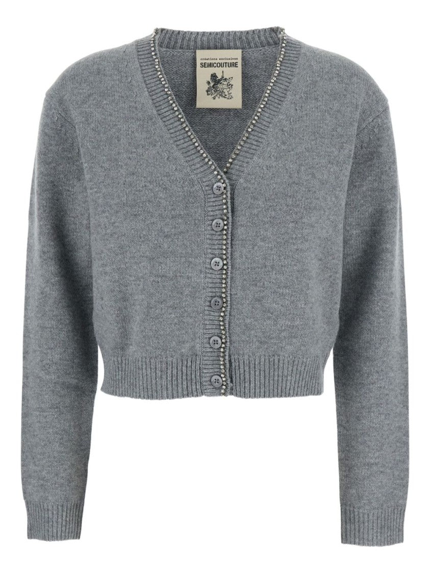 Semi Couture Cropped Cashmere Blend Cardigan With Embellished Placket