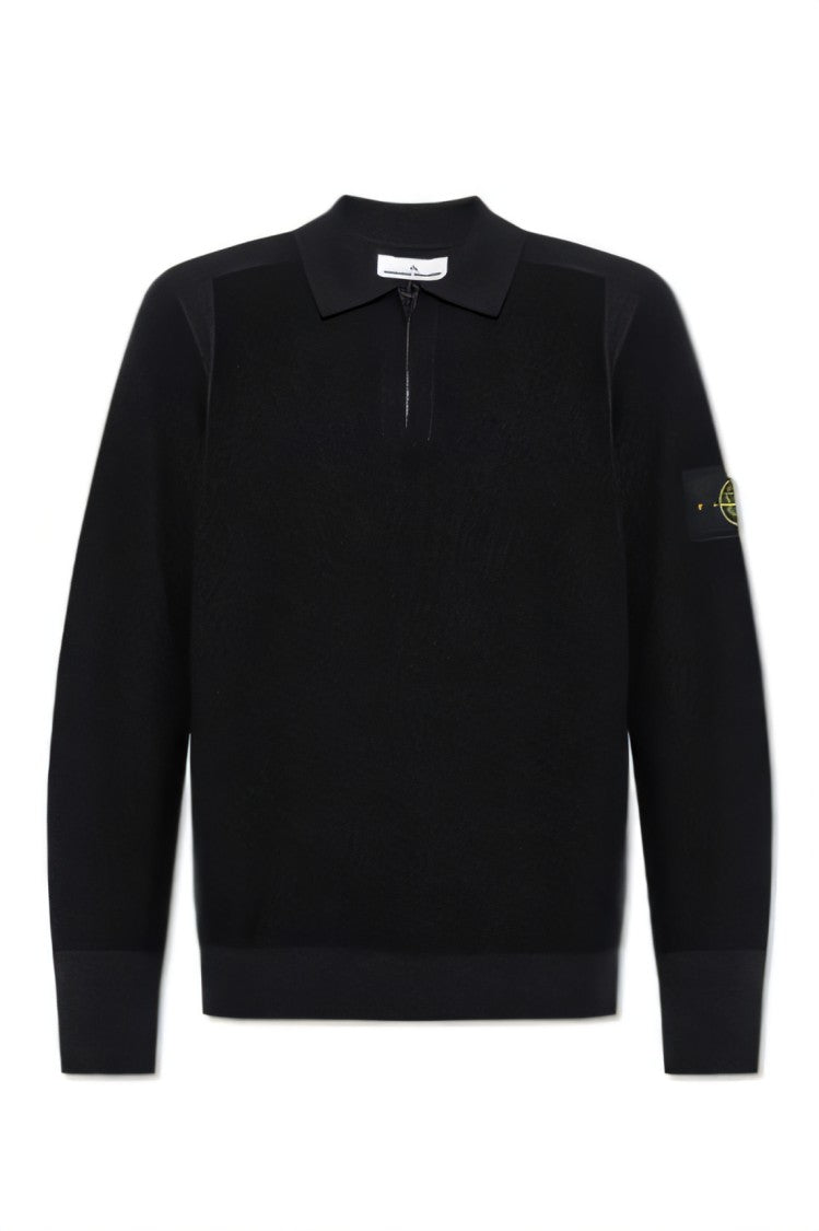 Stone Island Black Turtleneck With Zippered Collar And Ribbed Detailing