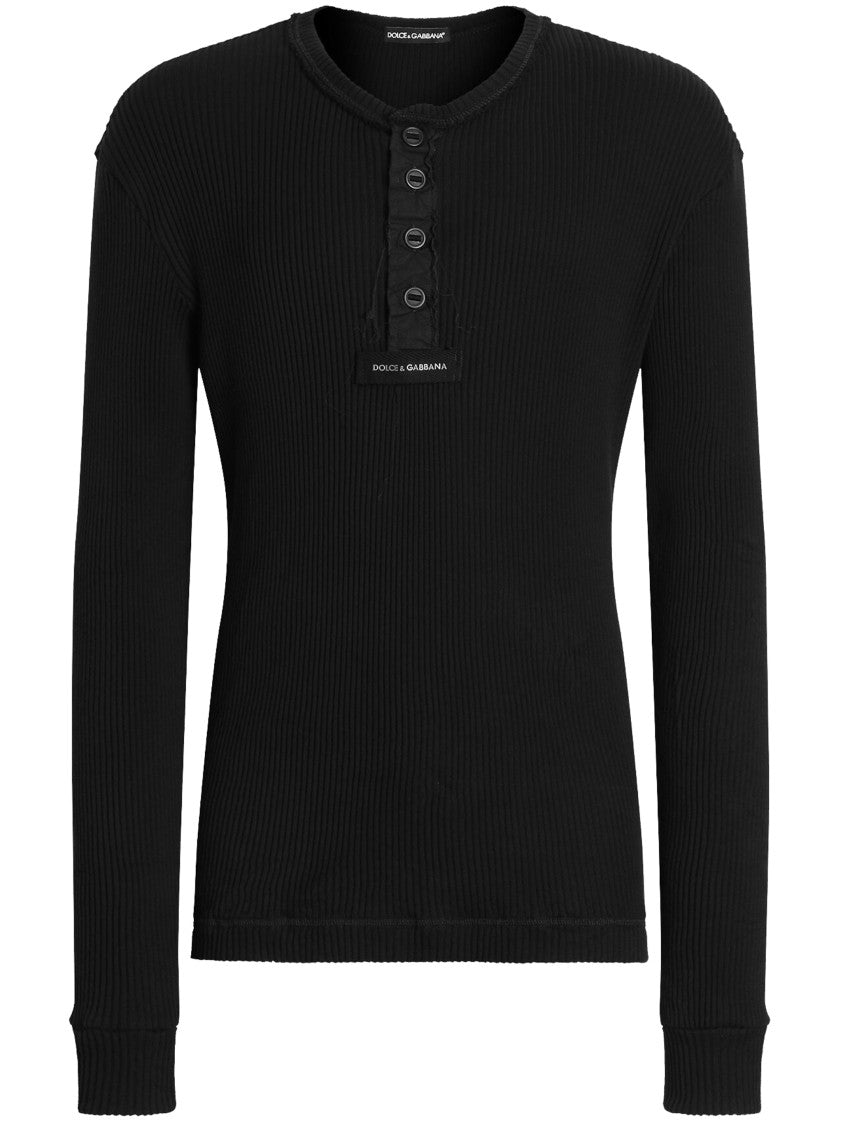 Dolce & Gabbana Black Serafino Ribbed Knit Cotton Top