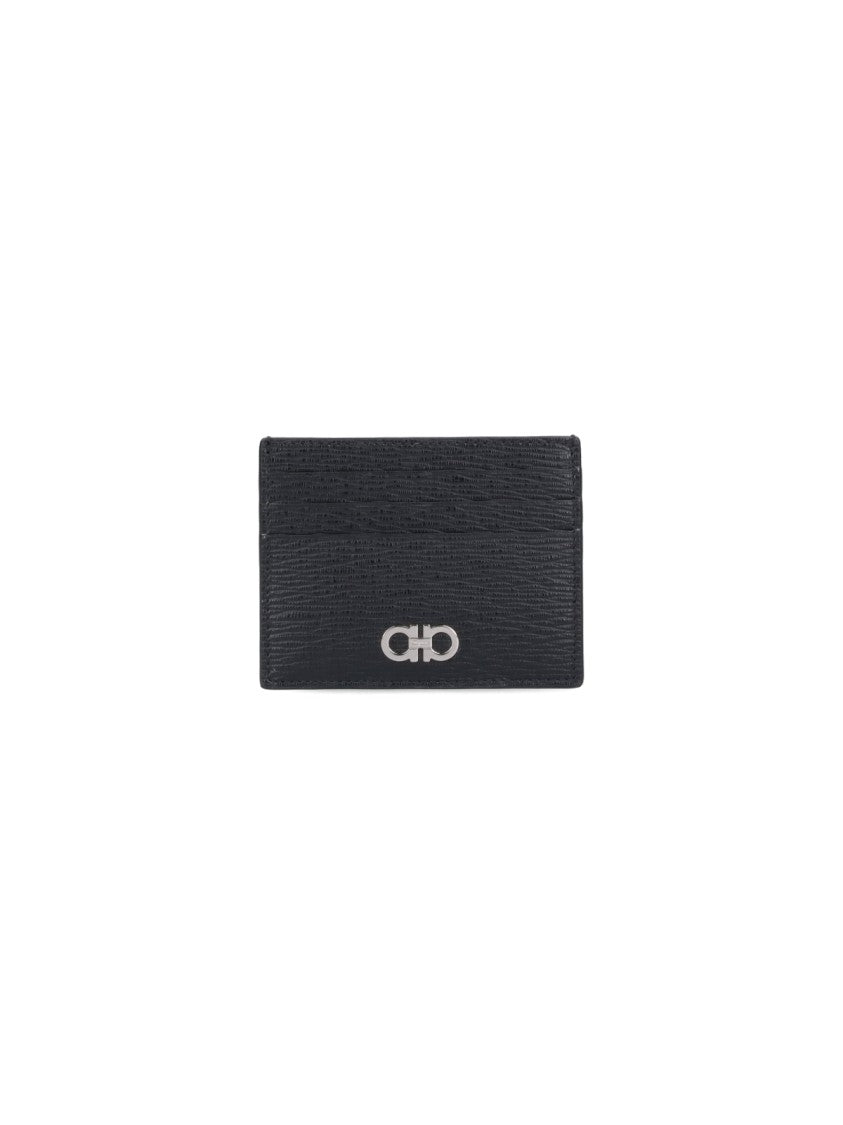 Ferragamo Black/Red Gancini Crinkle Leather Card Case