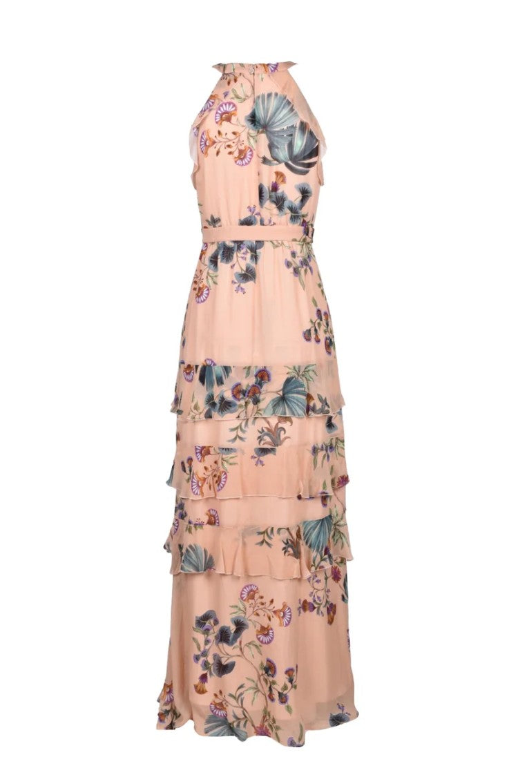 Nenette Pink Halter Neck Tiered Viscose Chiffon Maxi Dress