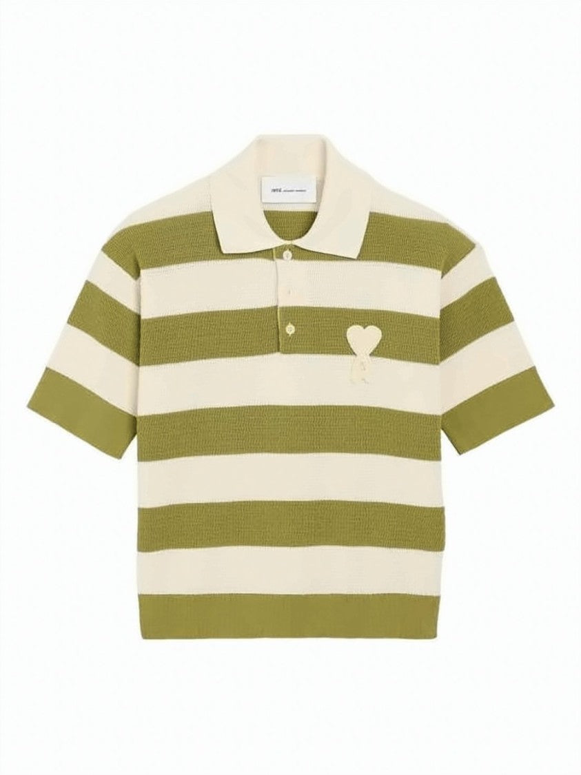 Ami Paris Olive Green Cream Horizontal Striped Polo
