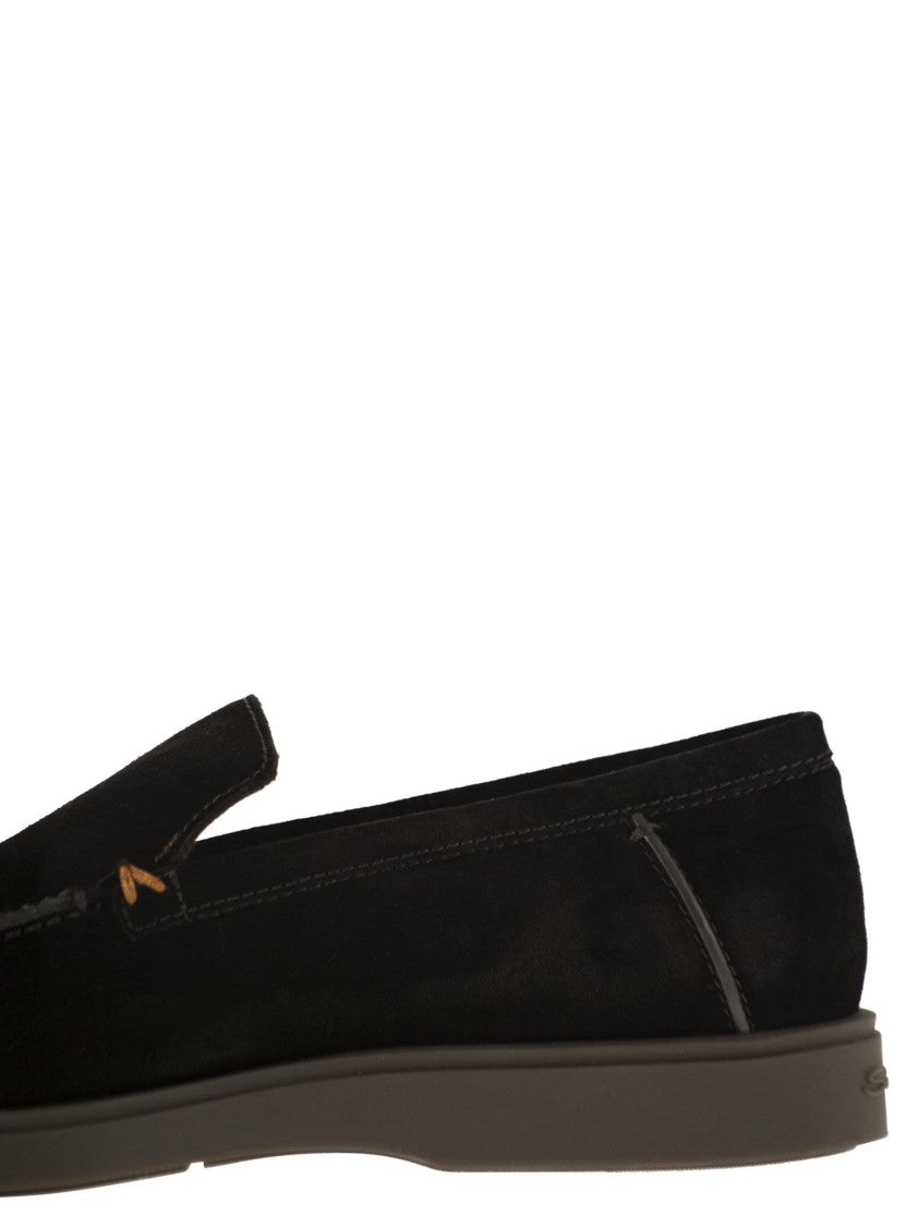 Santoni Fine Suede Moccasin With Signature Orange Accents