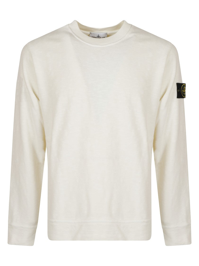 Stone Island Crew Neck Ivory Sweater With Subtle Texture And Logo Patch