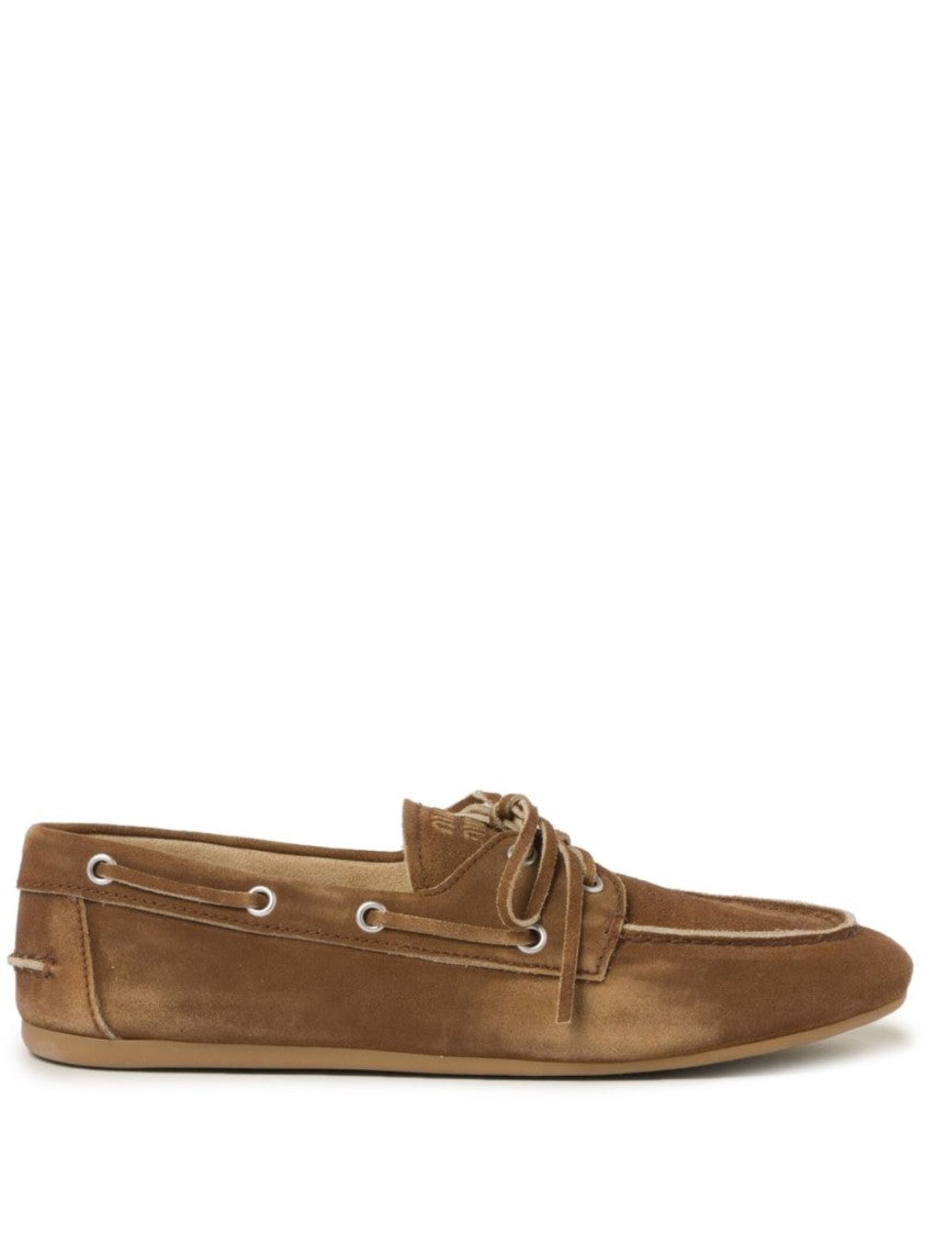 Miu Miu Brown Suede Lace-Up Moccasin Flats
