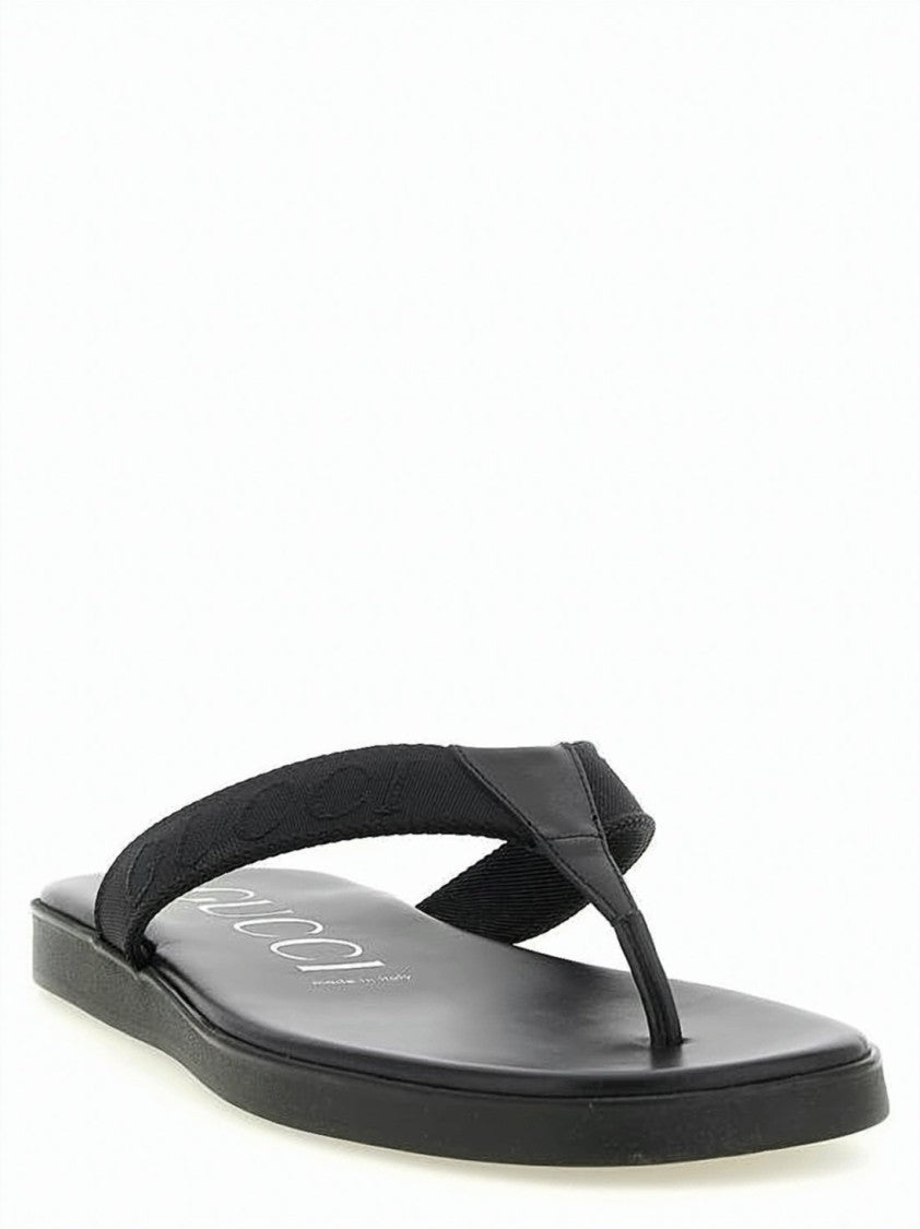 Gucci Black Canvas And Leather Thong Sandals With Rubber Sole