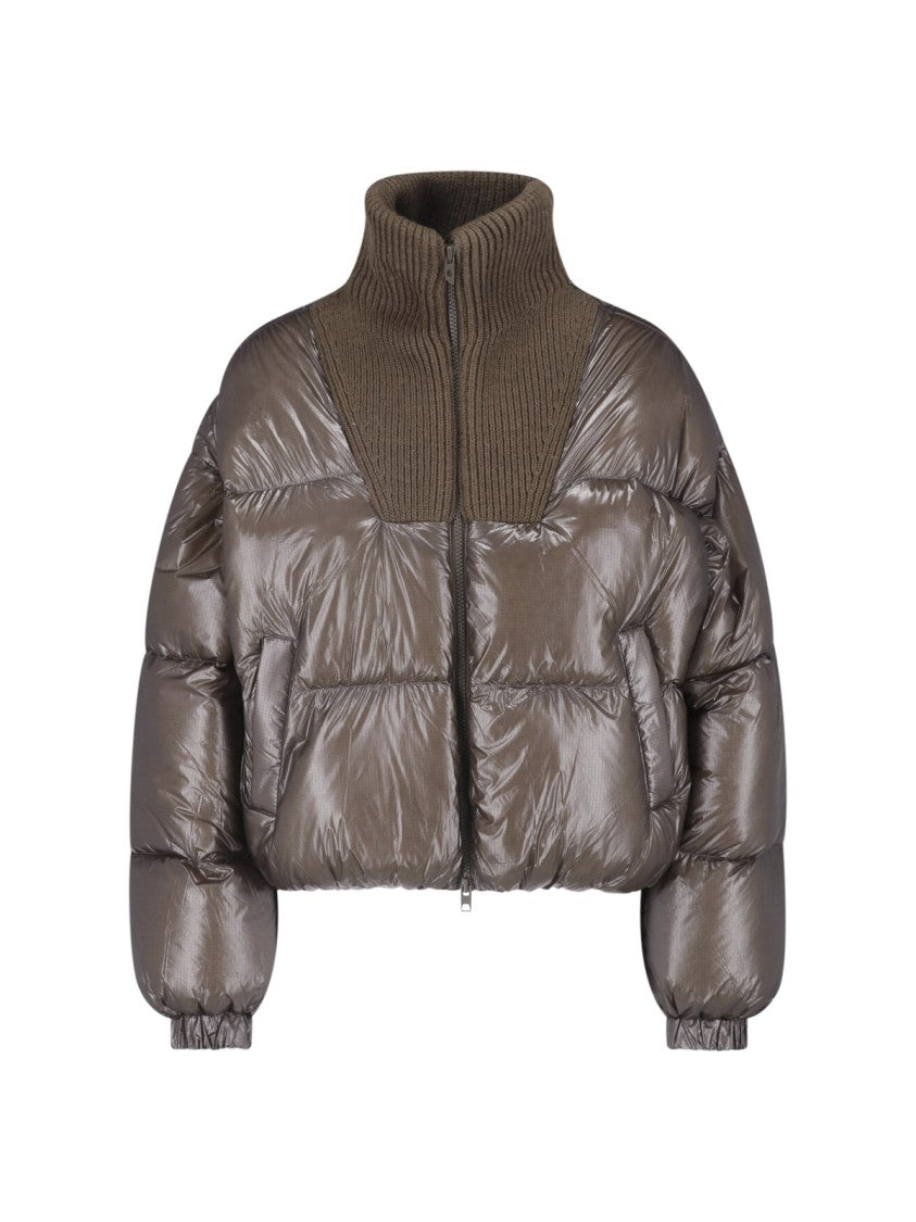 Diesel Cropped Brown Puffer Jacket With Ribbed Knit Collar And Embroidered Detail