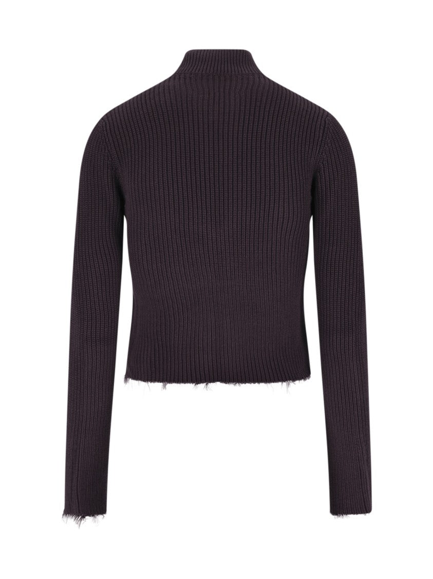 Mm6 By Maison Margiela Ribbed Zip-Up Cardigan With High Collar And Distressed Edges