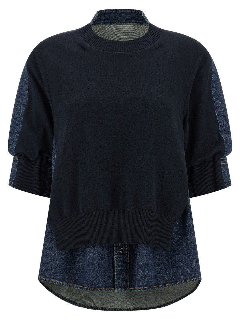 Sacai Shirt-Style Denim And Cotton Blend Top With Puff Sleeves