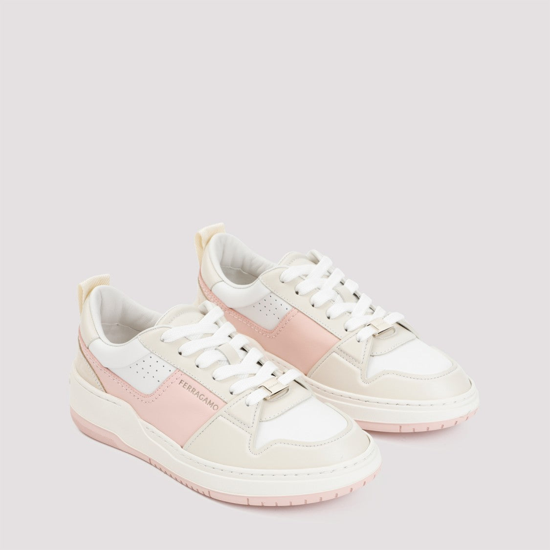 Ferragamo White And Pink Leather Dennis Sneakers