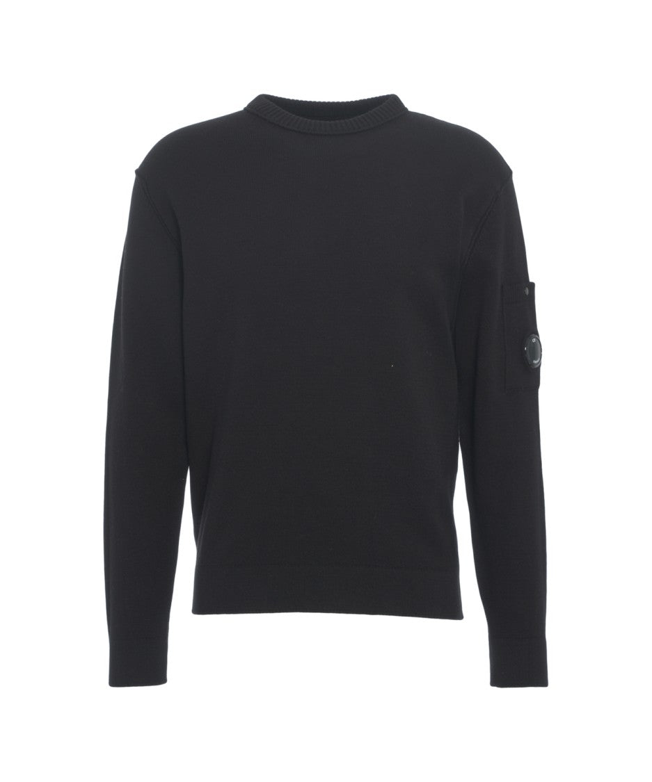 C.P. Company Black Knit Sweater With Distinctive Logo Patch And Crew Neck