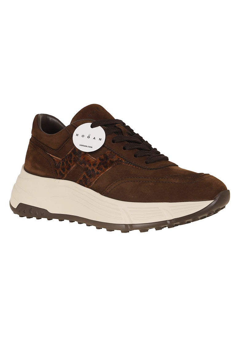 Hogan Brown Suede Leopard-Print Pony Skin Hi-Fi Sneakers