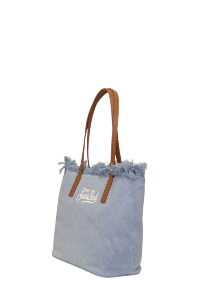 Mc2 Saint Barth Spacious Light Blue Tote Bag With Fringed Trim