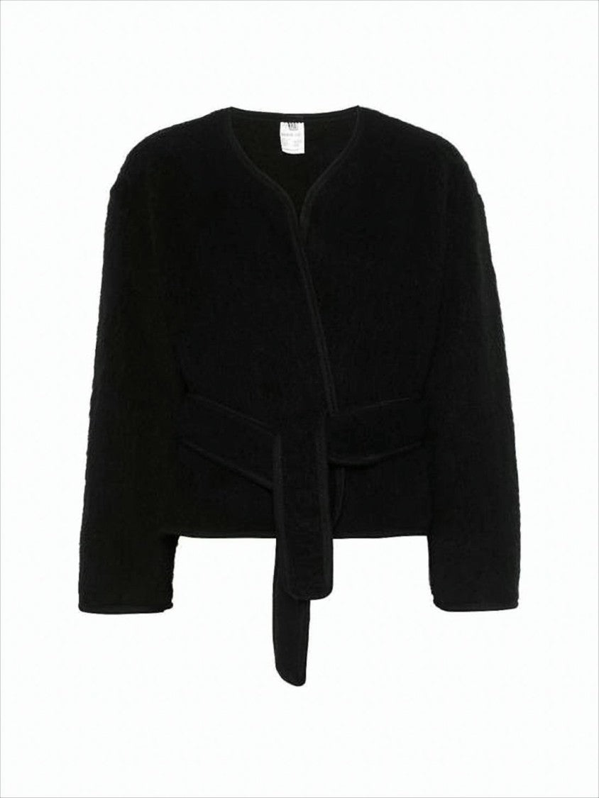 Baserange Cropped Black Wool Jacket With Wrap-Style Front And Belt