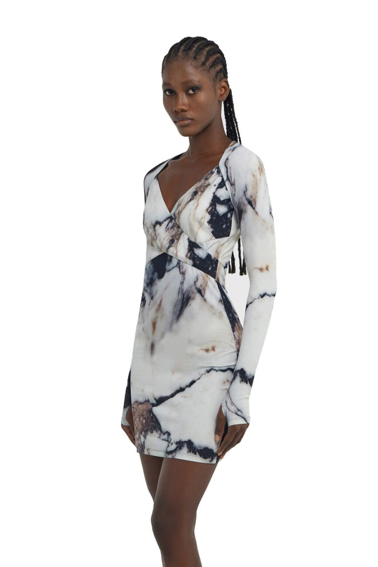 Roberto Cavalli White Polyamide-Elastane Marble-Print Bodycon Dress