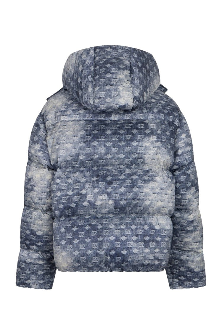 Dsquared2 Blue Denim Monogram Jacquard Hooded Down Parka