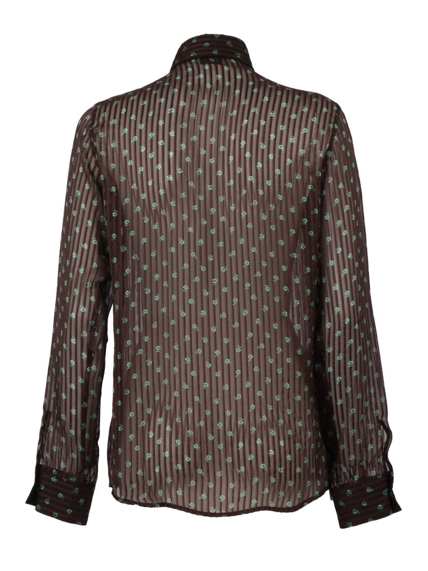 Mazzarelli Camicie Sheer Silk Blouse With Vertical Stripes And Floral Pattern