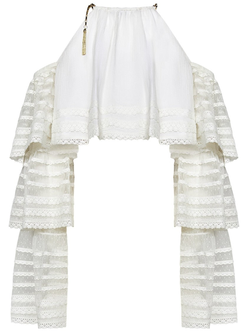 Amen Cropped Off-The-Shoulder Top With Flounced Lace Sleeves
