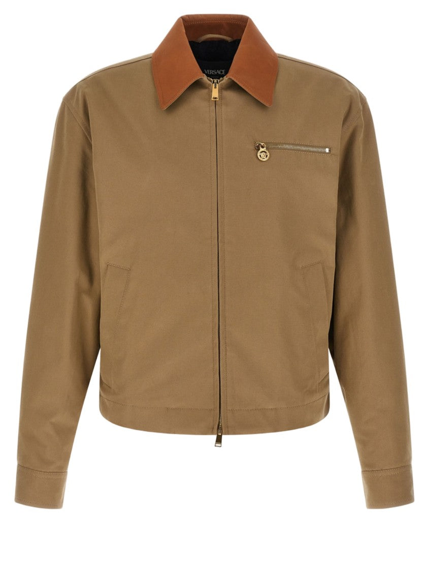 Versace Cotton Canvas Jacket With Leather-Lined Collar